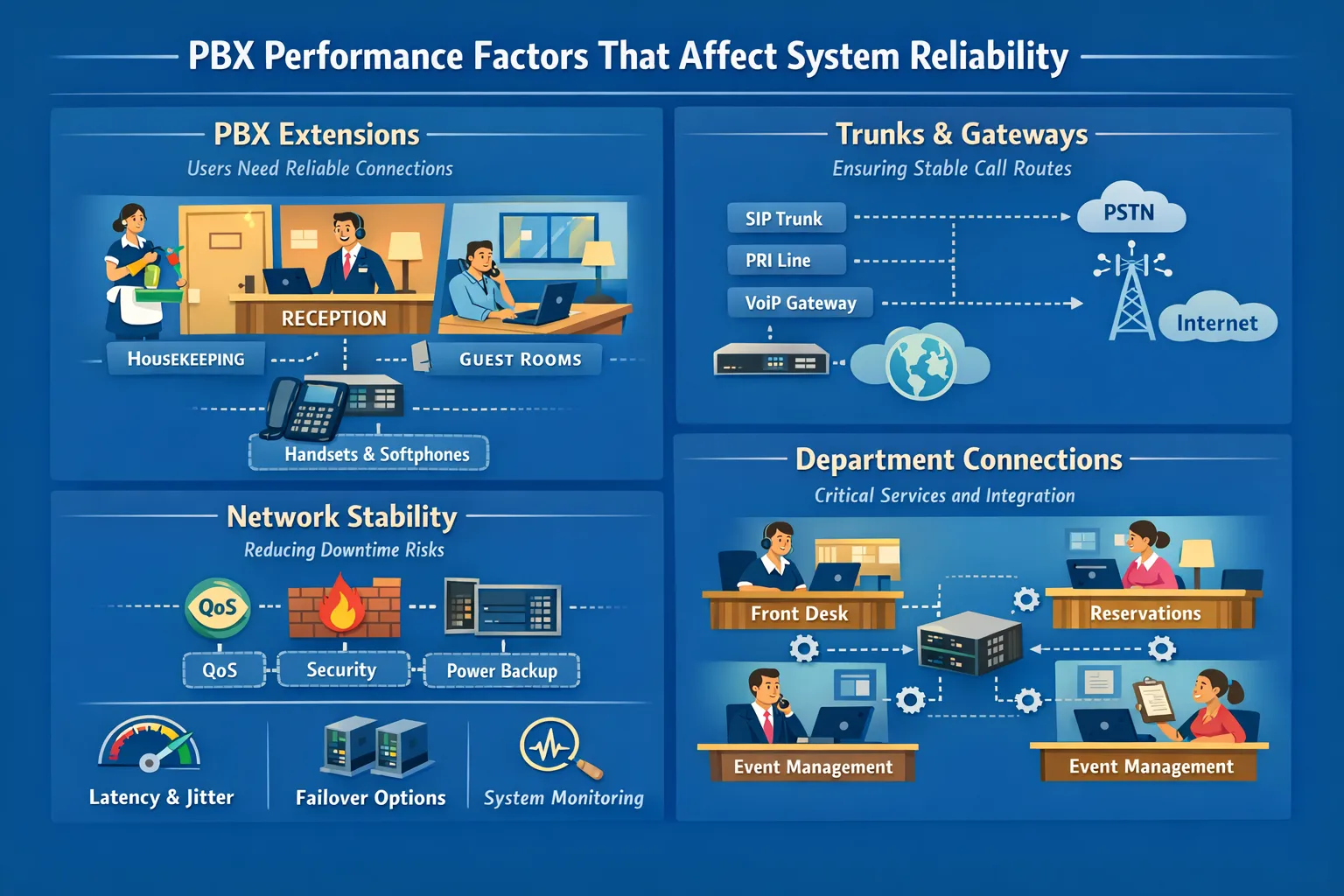 PBX Performance Factors That Affect System Reliability overview showing PBX extensions, trunks, gateways, and department connections in hospitality projects