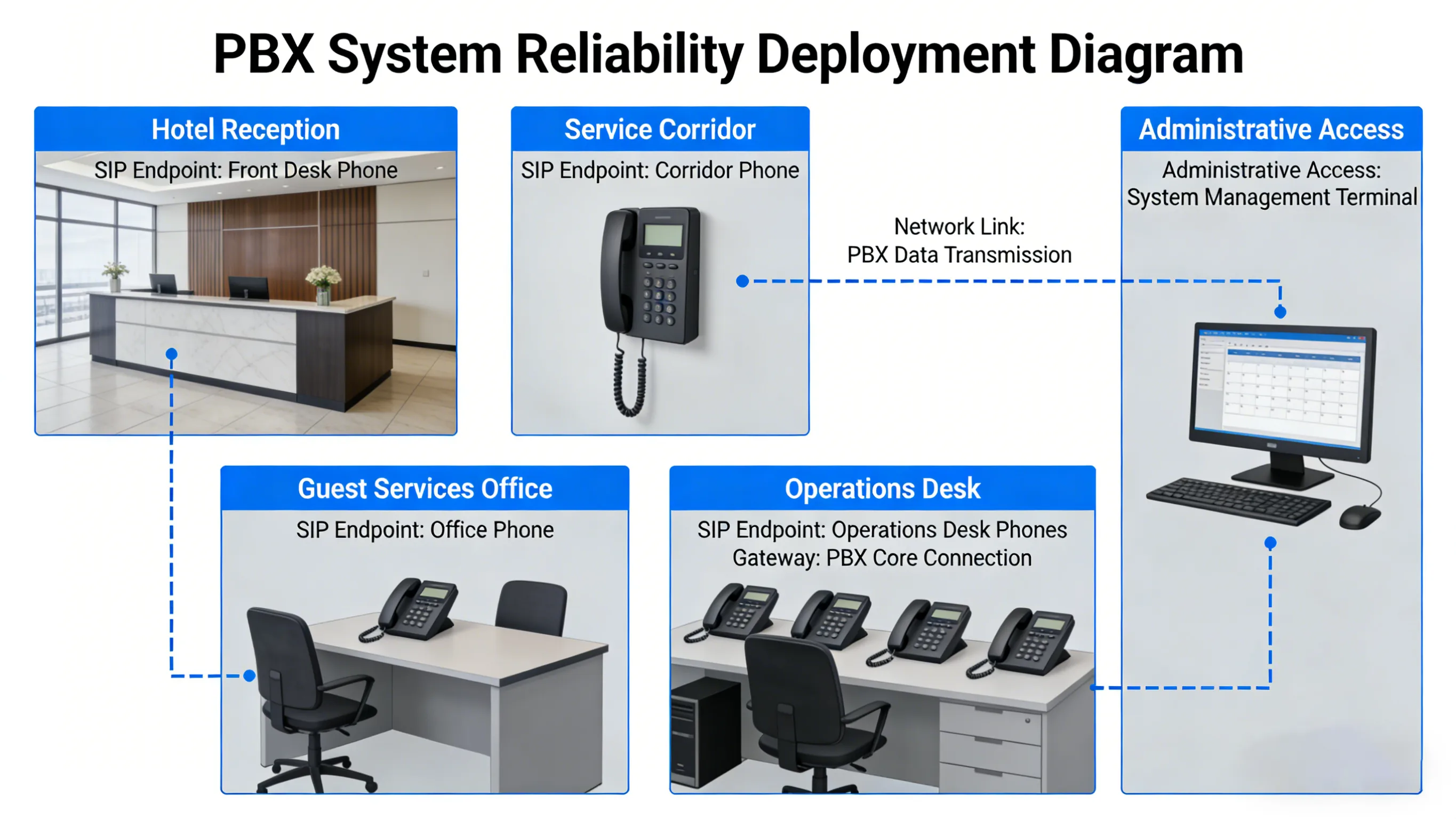 PBX Performance Factors That Affect System Reliability deployment scene covering hotel reception, service corridor, guest services office, operations desk with desk phones, SIP endpoints, gateways, and administrative access