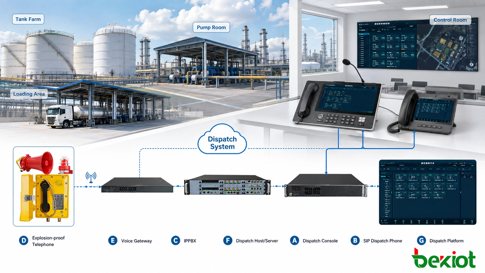 Petrochemical plant explosion-proof telephone architecture connecting tank farms pump rooms loading areas and the central control room dispatch system