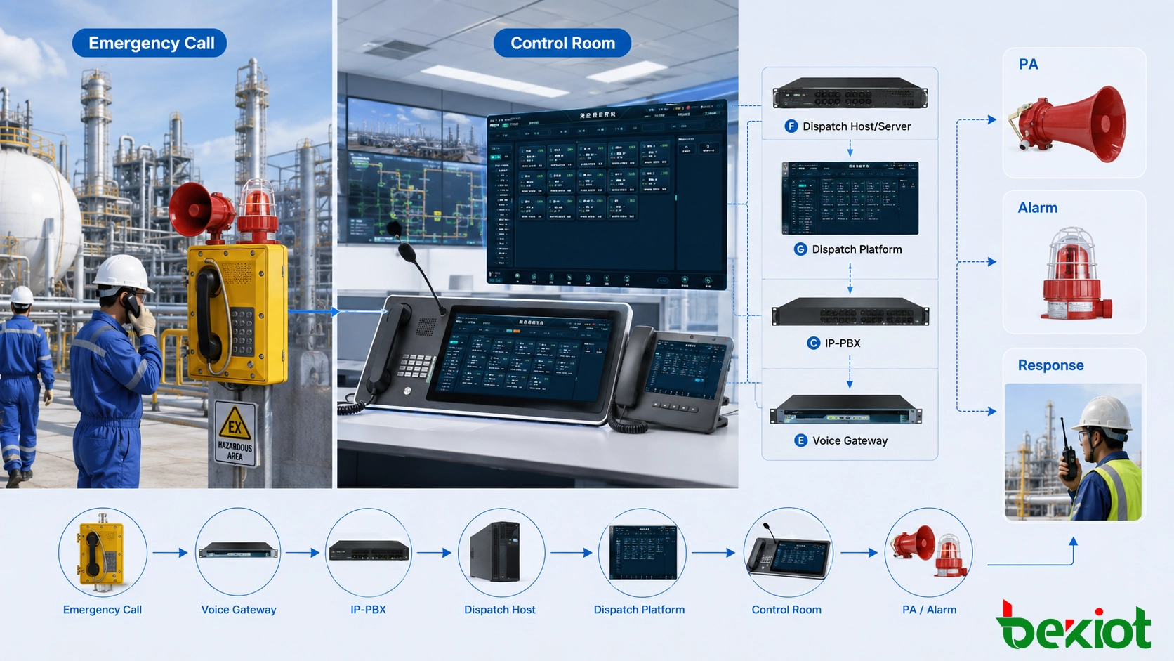Emergency call workflow linking petrochemical explosion-proof telephones with control room public address horns and audible visual alarms