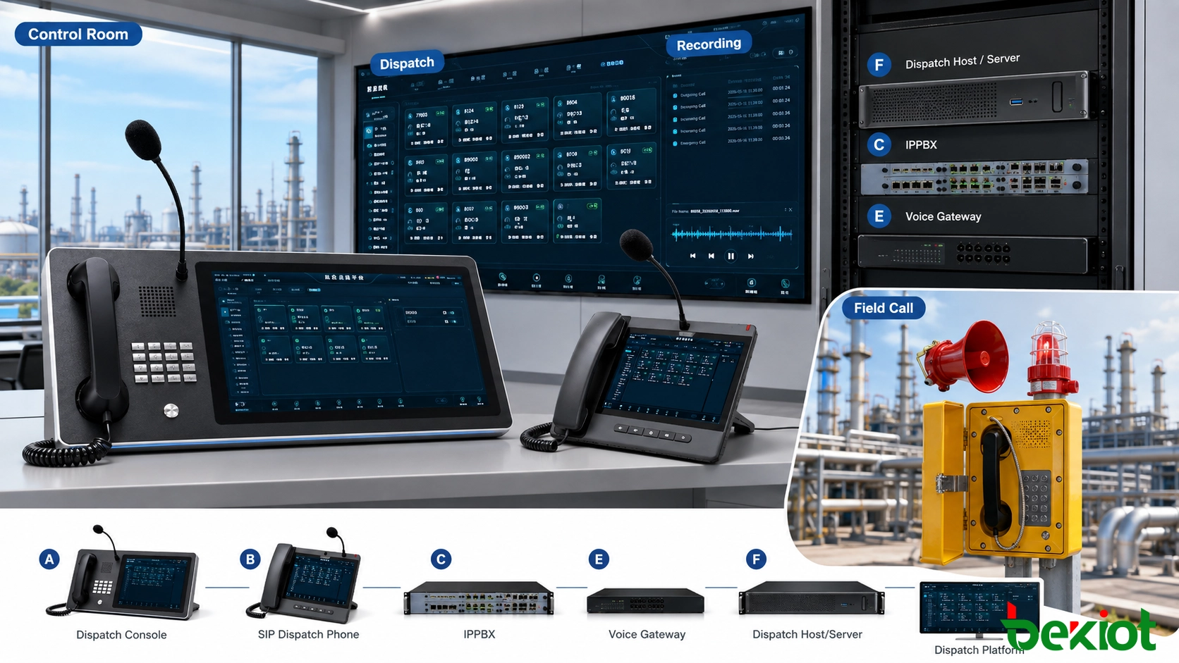 Petrochemical plant central control room using a dispatch console to manage explosion-proof telephone calls and communication records