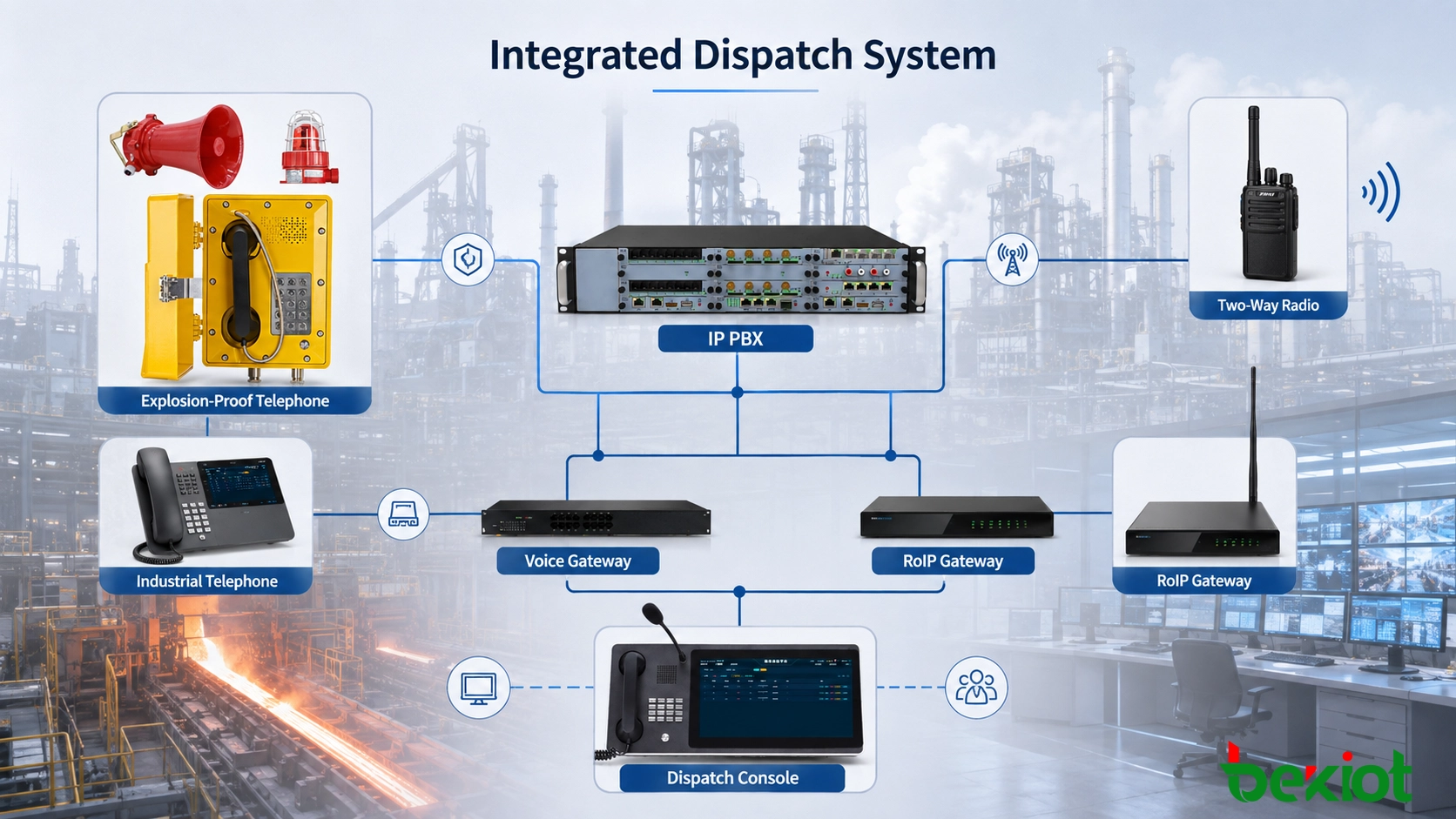 Integrated dispatch architecture for explosion-proof telephones IP PBX public address and radio systems in a steel plant
