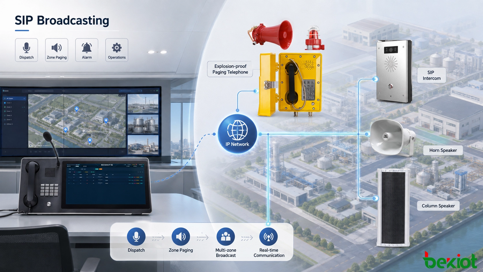SIP broadcasting architecture integrating IP paging voice dispatch intercom alarms and operational systems