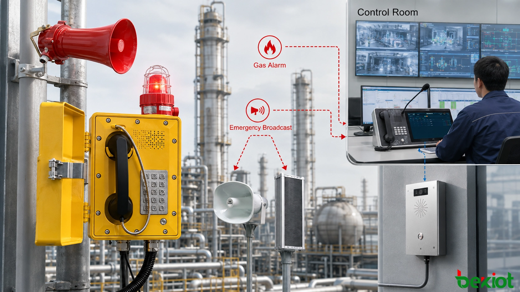 SIP emergency broadcasting integrated with gas detection process control fire alarms and field communication in an industrial facility