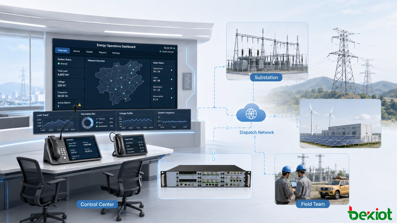 Power dispatch system architecture connecting a control center with substations, field teams, communication terminals, servers, and monitoring resources