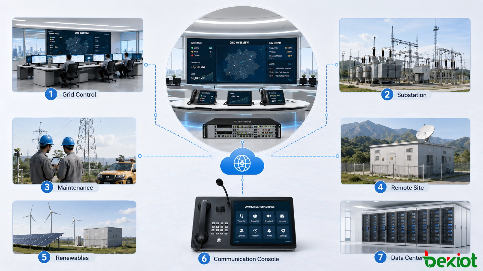 Power grid dispatch workflow showing abnormal condition detection, event verification, operator communication, field response, progress feedback, and event closure