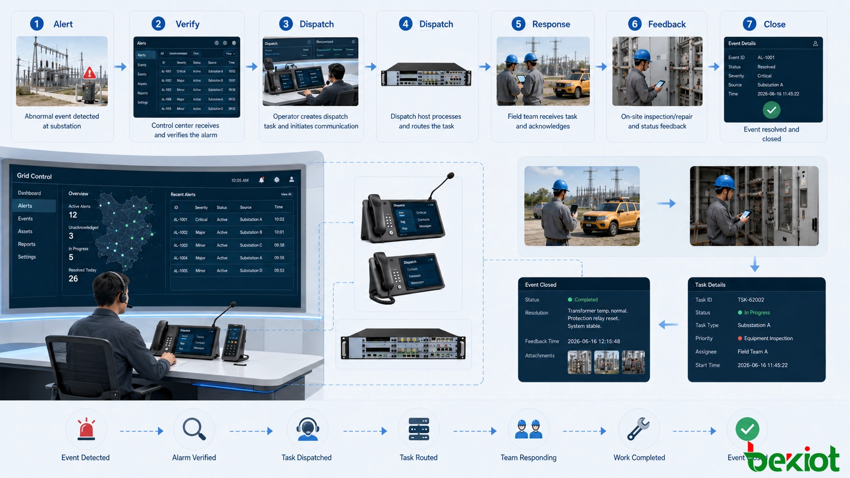 Electric power dispatch control center coordinating substations, renewable energy sites, maintenance personnel, and remote power facilities