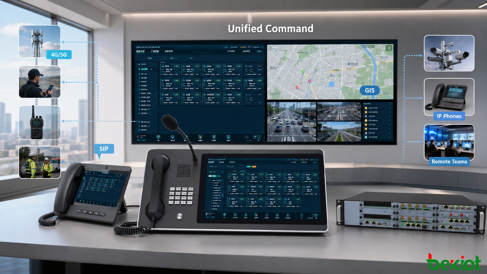 Android dispatch console architecture integrating a command center with private radio, 4G and 5G mobile users, telephones, video systems, GIS resources, and field teams