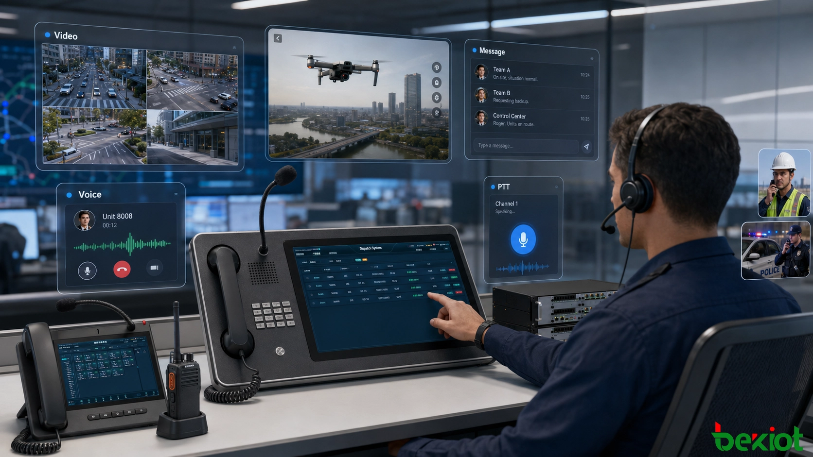 Integrated dispatch workflow combining PTT radio, telephone calls, CCTV, drones, video conferencing, instant messaging, and mobile field communications