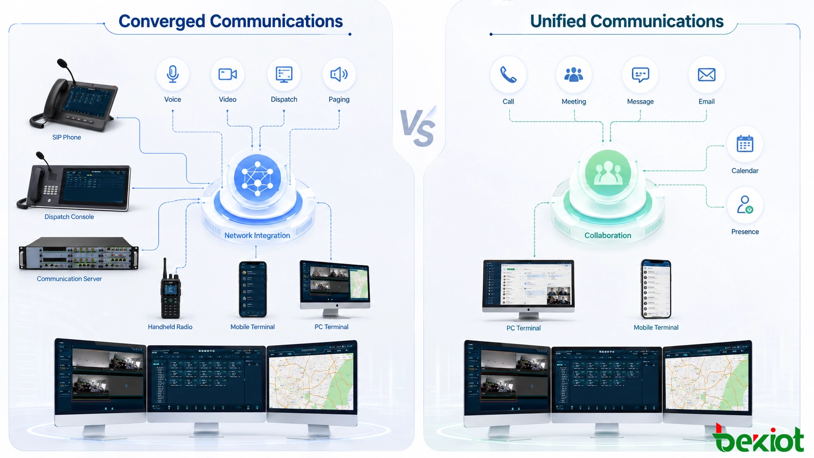 Converged communications and unified communications architecture comparison showing networks, media services, collaboration tools and user terminals