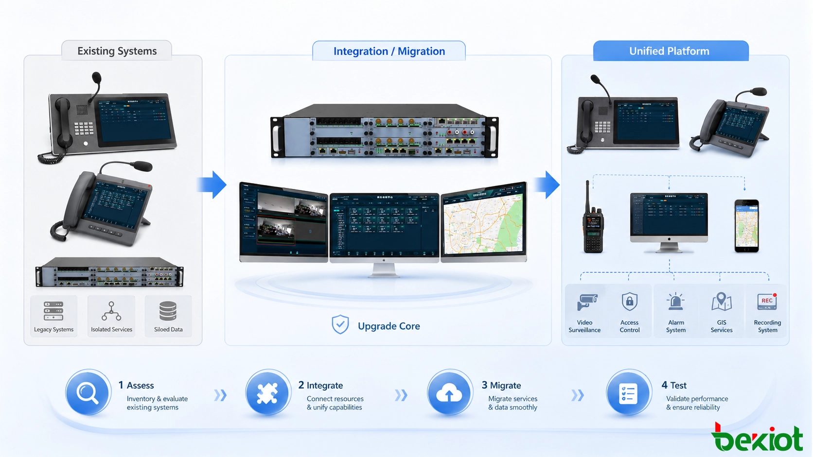 Communications system upgrade workflow covering network assessment, platform deployment, enterprise integration, migration and acceptance testing