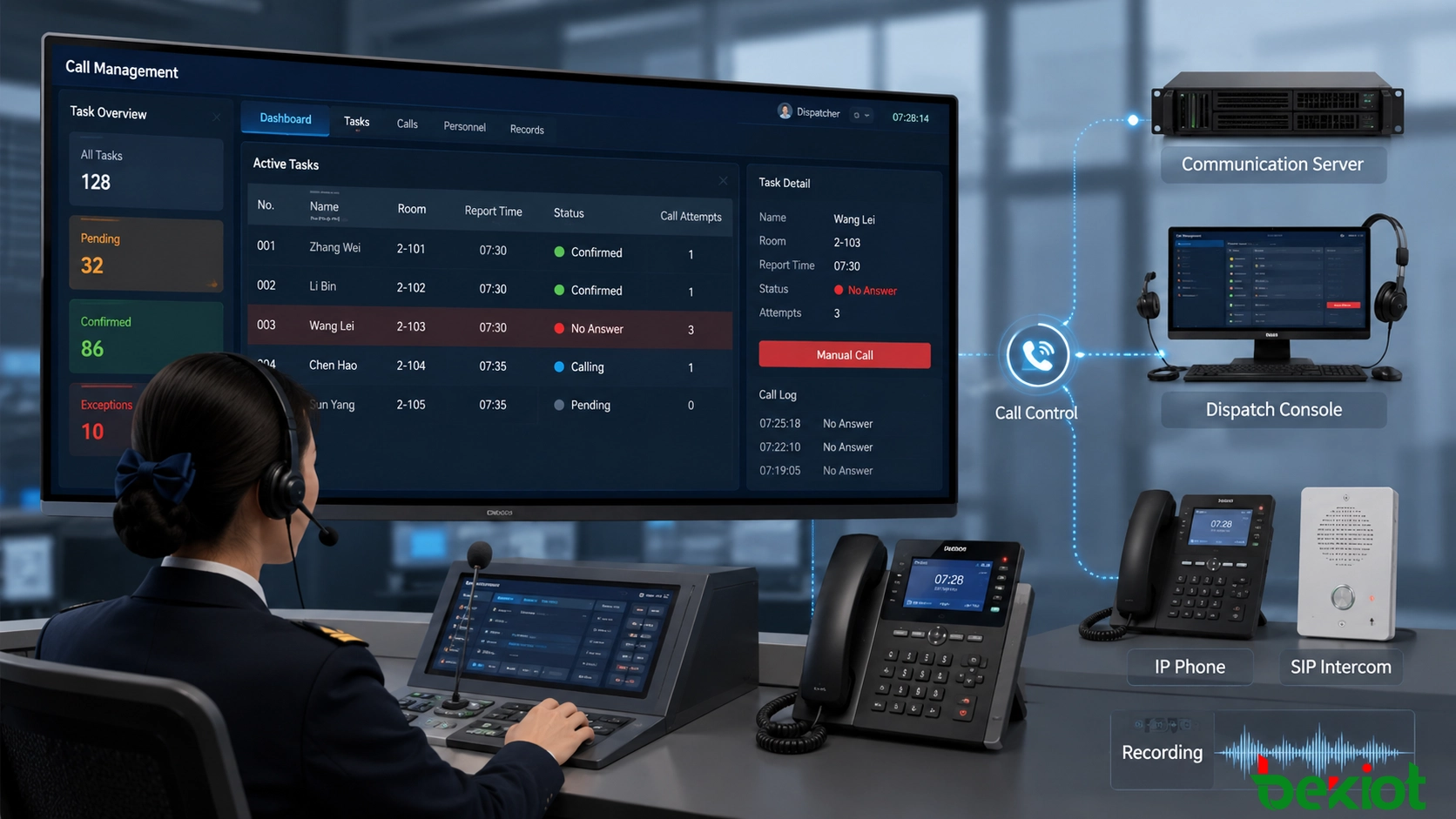 Railway calling and dispatch integration architecture with communication server, dispatch console, IP phone, SIP intercom and recording functions