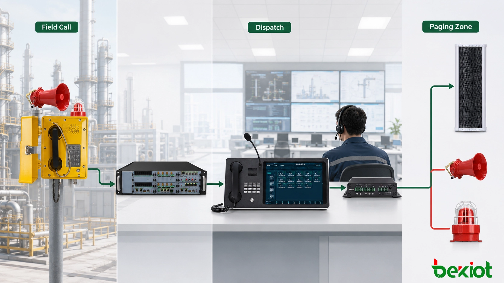 Explosion-proof telephone connected to an IP PBX, dispatch console, paging gateway and industrial speakers