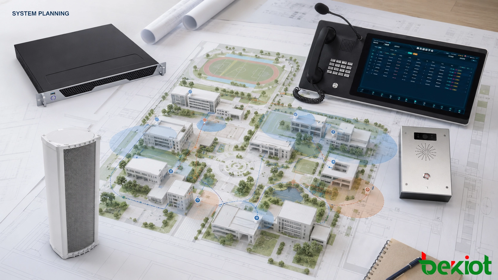 Campus communications design integrating PA, telephony, intercom, alarms and dispatch