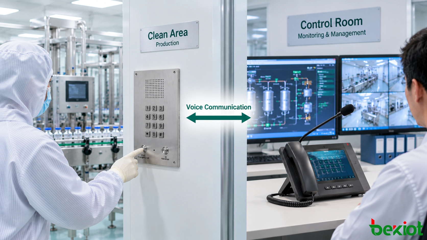 Cleanroom telephone connecting controlled production areas with the control room