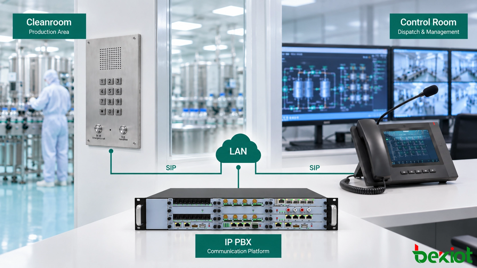 BT26 cleanroom telephone connected through BU2000 IP PBX to GP320i dispatch telephone